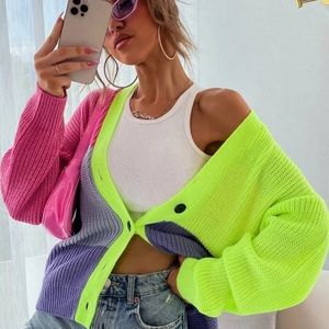 SHEIN Colorblock Drop Shoulder Cardigan Long Sleeve Button Front Multicolor